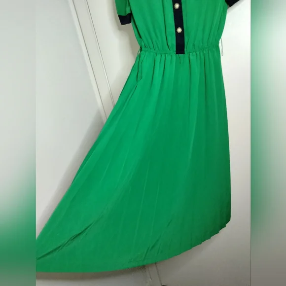 Leslie Fay (Size 8) Vintage Green & Navy Trim Pearl Button SS Fit & Flare Dress - Picture 5 of 9